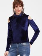 Shein Navy Cut Out Shoulder Velvet T-shirt