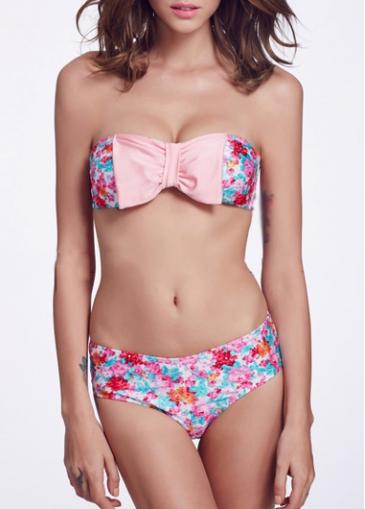 Rosewe Floral Print Two Piece Bowknot Embellished Bikini