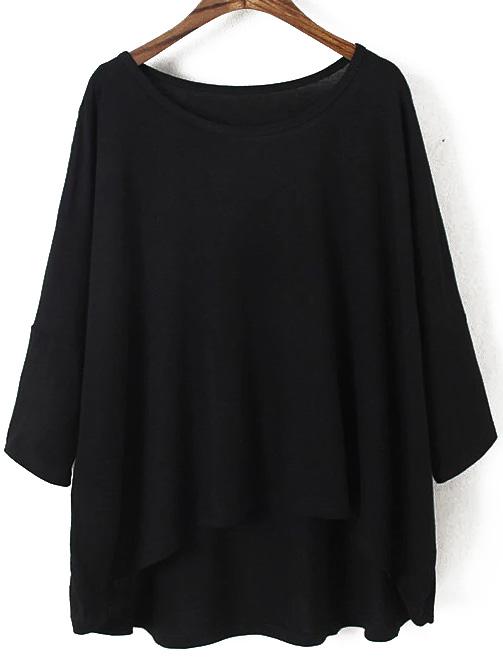 Shein Dip Hem Bat Sleeve Black T-shirt