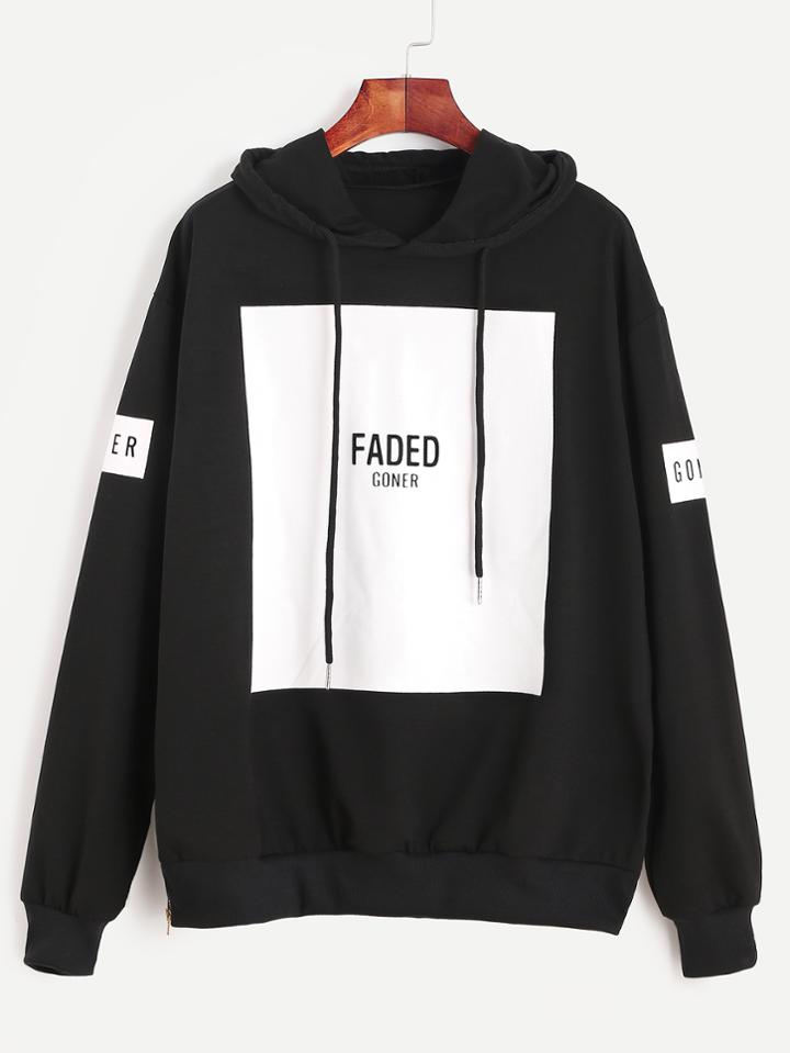 Shein Black Letter Print Drawstring Hooded Sweatshirt With Zip