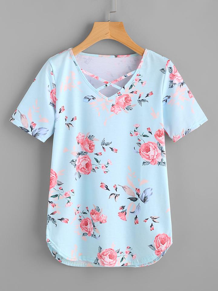 Shein Florals Criss Cross V-neckline Tee