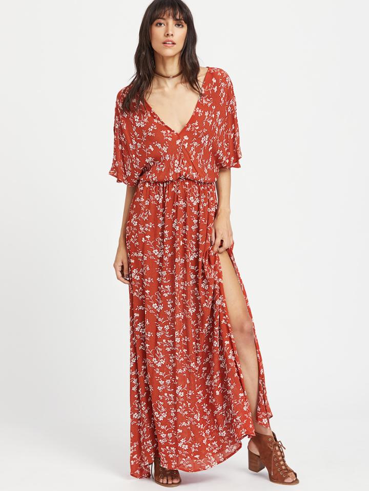 Shein Plunging Tie Back Slit Ditsy Kimono Dress
