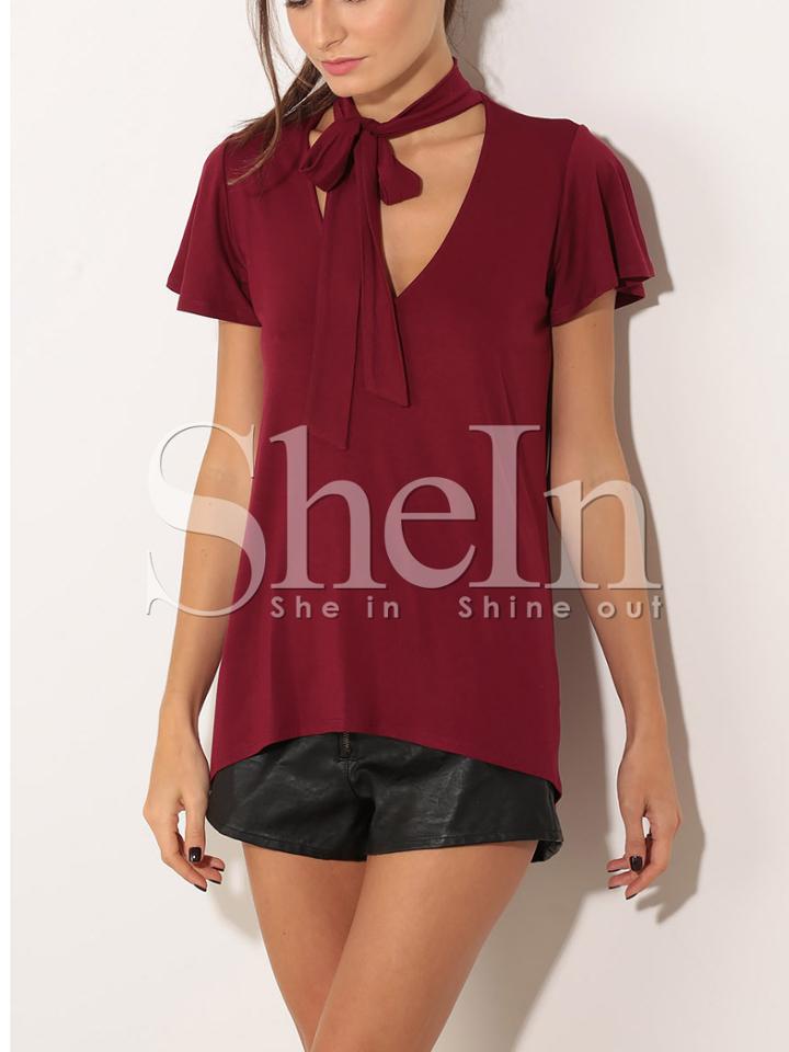 Shein Burgundy Tie Neck Flutter Sleeve T-shirt