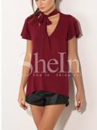 Shein Burgundy Tie Neck Flutter Sleeve T-shirt