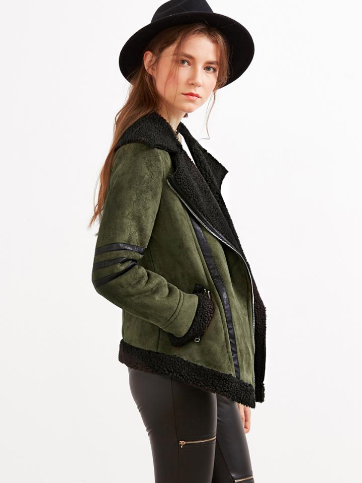 Shein Olive Green Suede Shearling Jacket