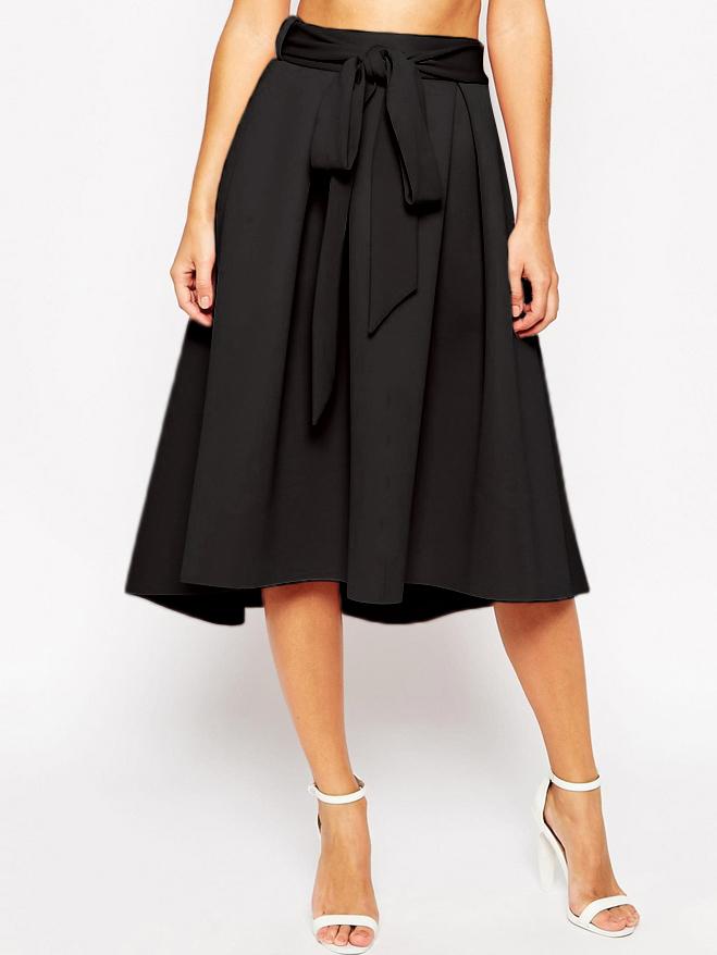 Shein Black Tie-waist Flare Midi Skirt