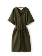 Shein Olive Green V Neck Loose Kimono Dress