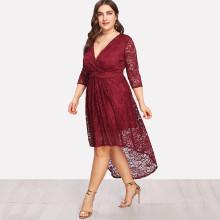 Shein Plus Surplice Neck Dip Hem Lace Dress