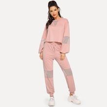 Shein Eyelet Detail Pullover And Drawstring Waist Pants Set