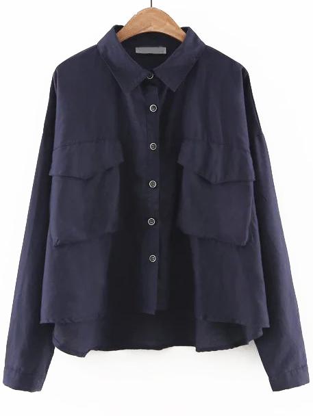 Shein Navy Front Pocket Dip Hem Blouse