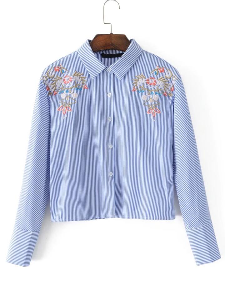 Shein Embroidery Detail Vertical Striped Blouse