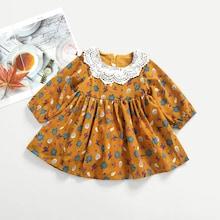 Shein Toddler Girls Plants Print Contrast Lace Dress