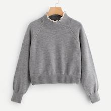 Shein Lace Trim High Neck Heather Grey Sweater