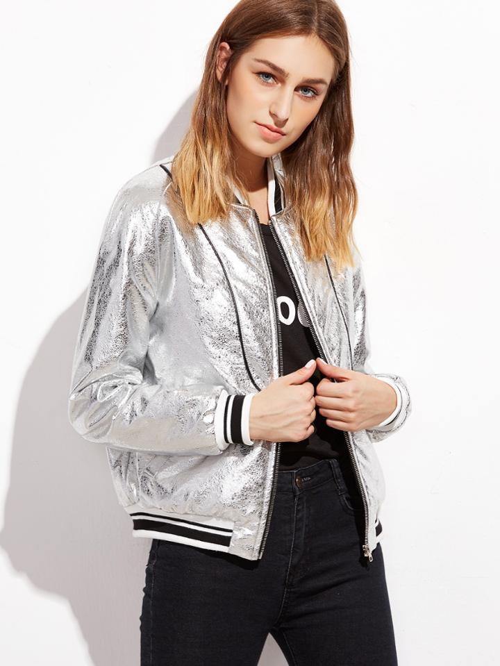 Shein Metallic Silver Faux Leather Striped Trim Bomber Jacket