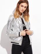 Shein Metallic Silver Faux Leather Striped Trim Bomber Jacket