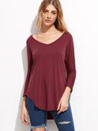 Shein Burgundy V Neck Curved Hem Top