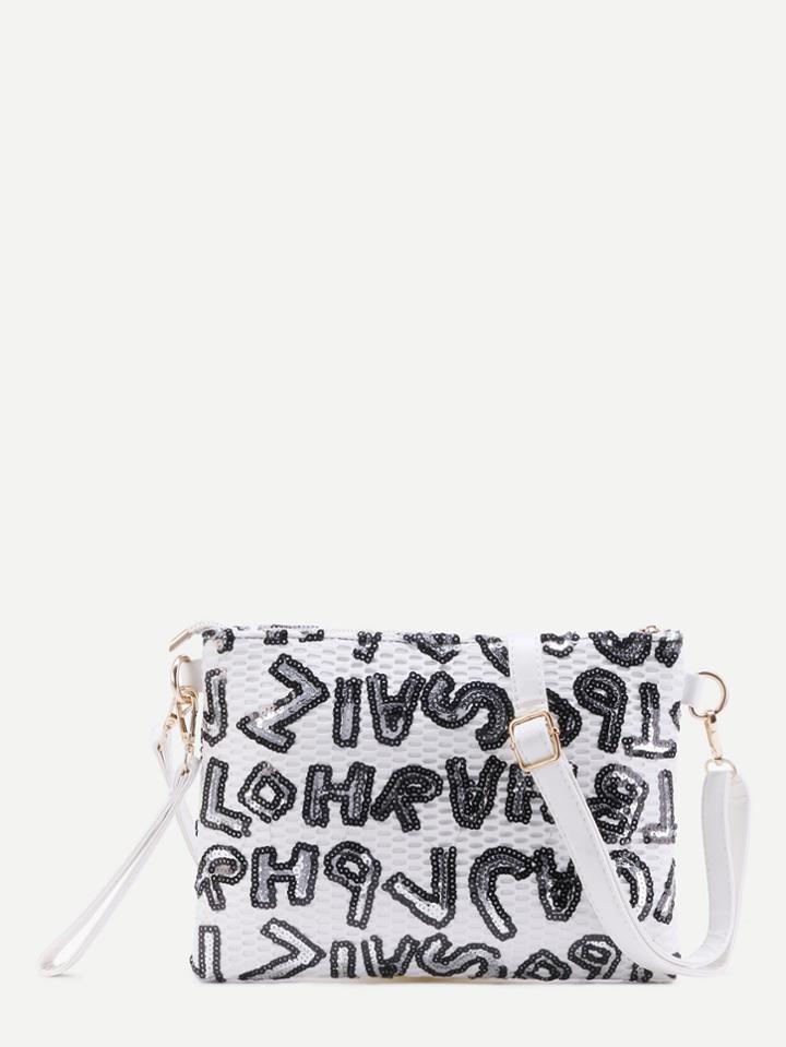Shein White Letters Sequins Pu Crossbody Bag