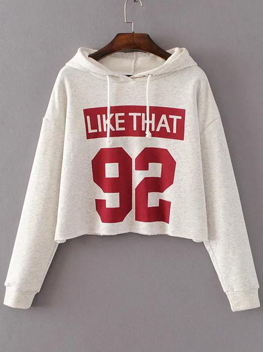 Shein Beige Letter Print Hooded Crop Sweatshirt