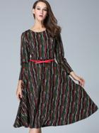 Shein Multicolor Round Neck Long Sleeve Drawstring Dress