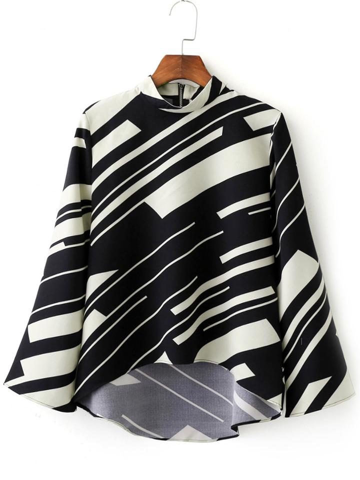 Shein Stand Collar Random Printed Crop Blouse