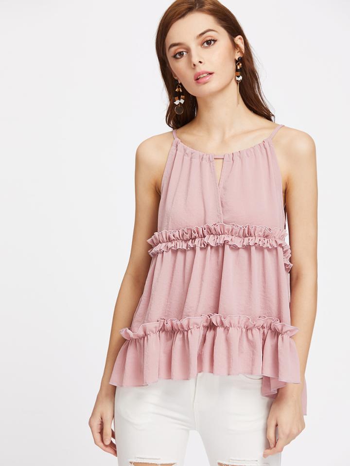 Shein Frill Trim High Low Keyhole Drawstring Cami Top