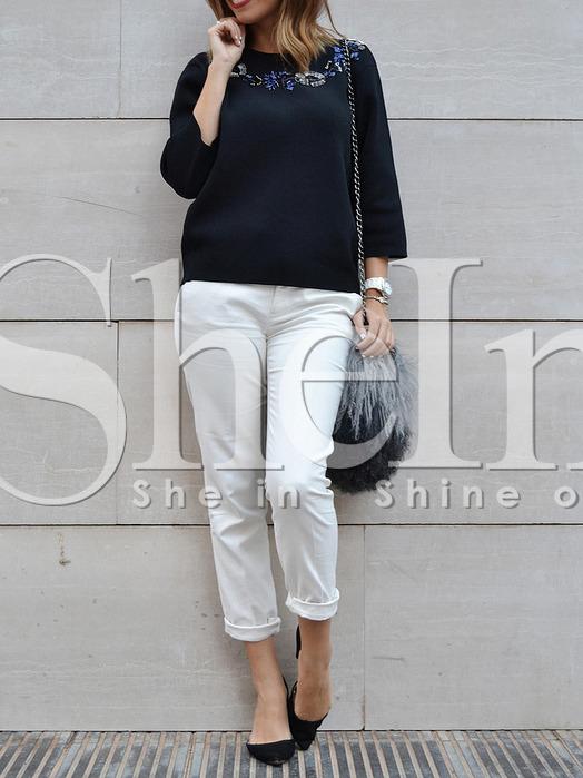 Shein Black Crew Neck Floral Embroidered T-shirt
