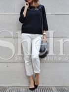 Shein Black Crew Neck Floral Embroidered T-shirt