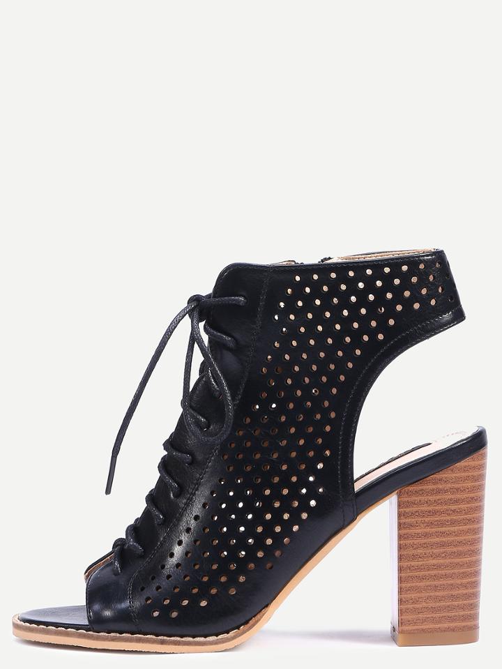 Shein Black Peep Toe Cutout Lace-up Chunky Pumps