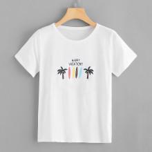 Shein Letter & Tropical Print Tunic Tee