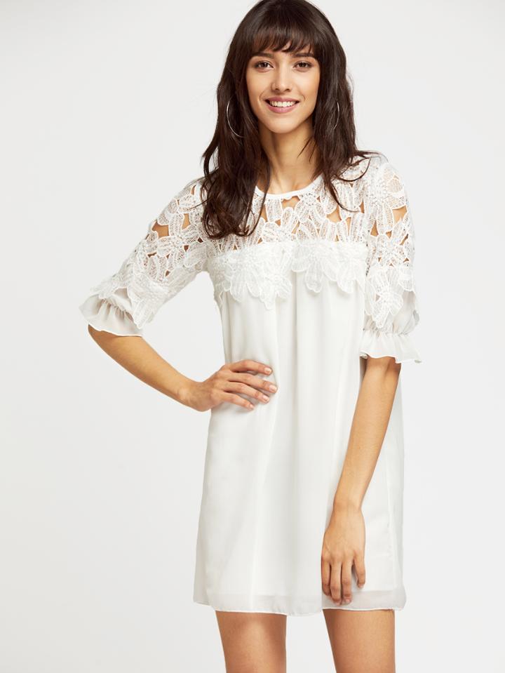 Shein Crochet Lace Trumpet Sleeve Chiffon Dress