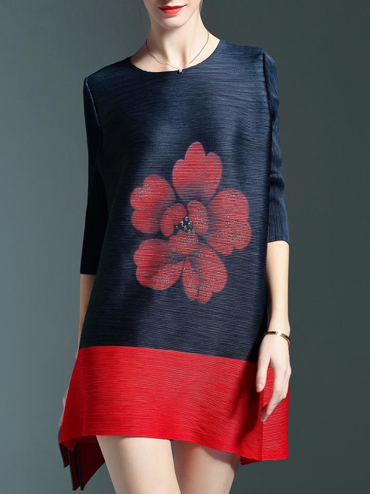 Shein Navy Red Print Pleated Elastic Shift Dress