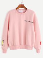 Shein Pink Drop Shoulder Letter And Cartoon Embroidered Sweatshirt
