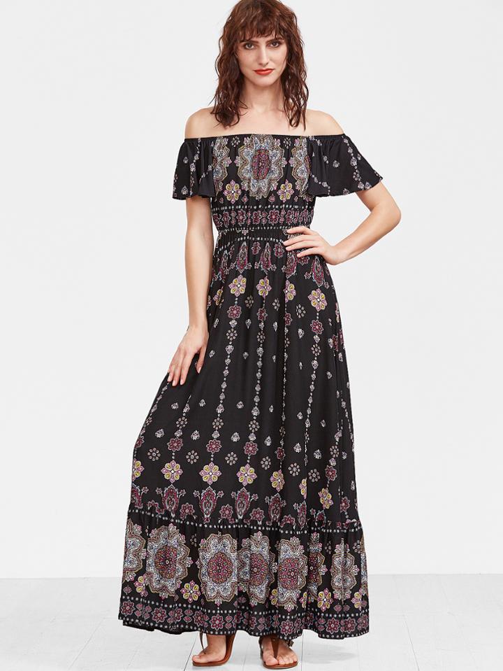 Shein Black Flower Print Off The Shoulder Ruffle Sleeve And Hem Dress