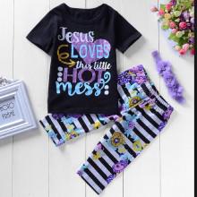 Shein Girls Letter Print Tee With Striped Floral Print Pants