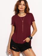 Shein Burgundy Round Neck Short Sleeve High Low T-shirt