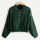 Shein Contrast Tape Side Zip-up Corduroy Sweatshirt