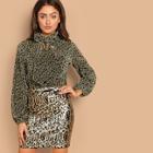 Shein Tie Neck Leopard Print Glitter Top & Sequin Skirt Set