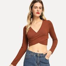 Shein Cross Wrap Rib Knit Crop Tee