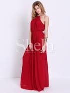 Shein Wine Red Evening Sleeveless Halterneck Pleated Infinity Maxi Dress