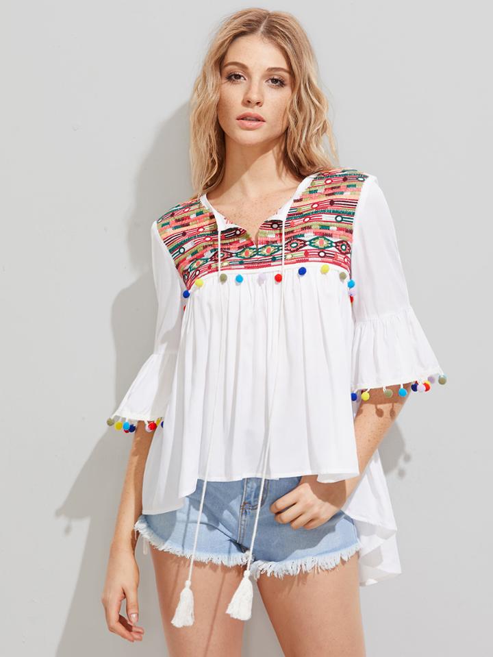 Shein Embroidered Yoke Pom Pom Trim Staggered Hem Blouse