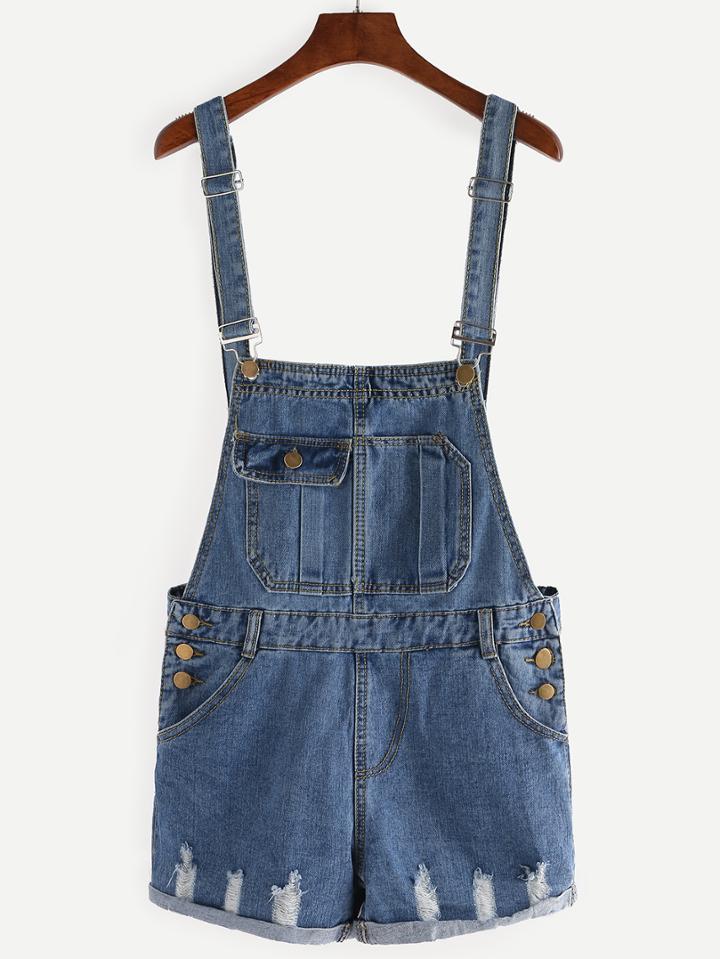 Shein Distressed Rolled Hem Blue Denim Overall Shorts