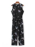 Shein Cranes Print Tie Waist Sleeveless Jumpsuit