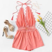 Shein Lace Trim Open Back Halter Romper