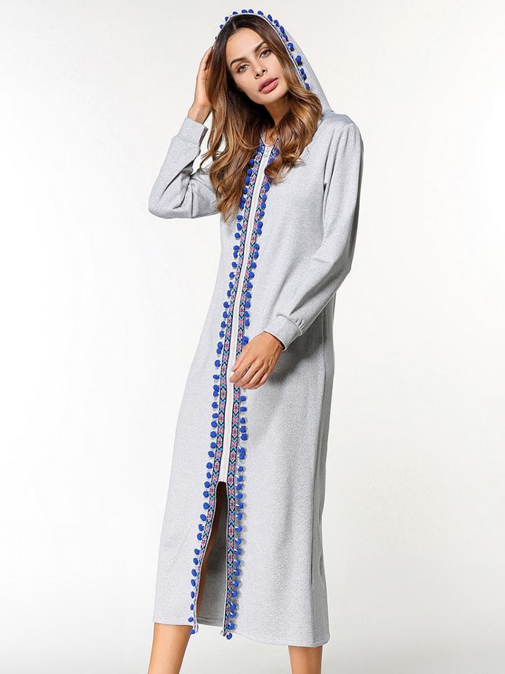 Shein Embroidered Tape Pom Pom Trim Marled Hooded Coat