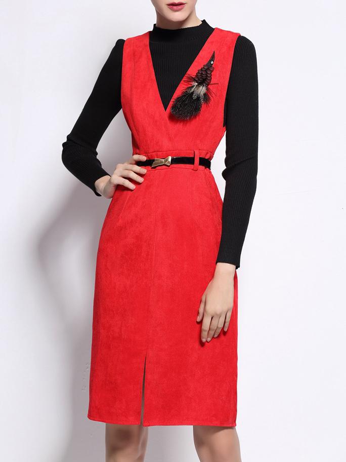 Shein Red Sweater Belted Two-pieces Sheath Dress