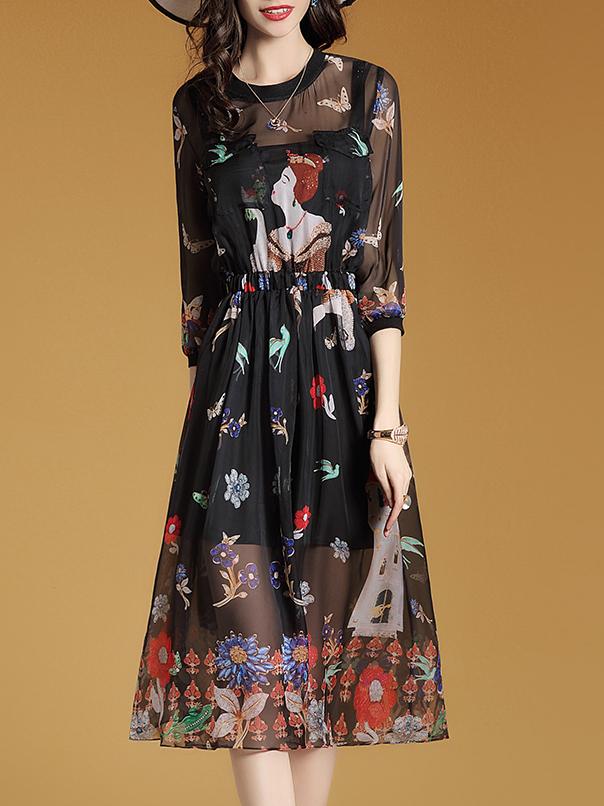 Shein Black Sheer Print A-line Dress