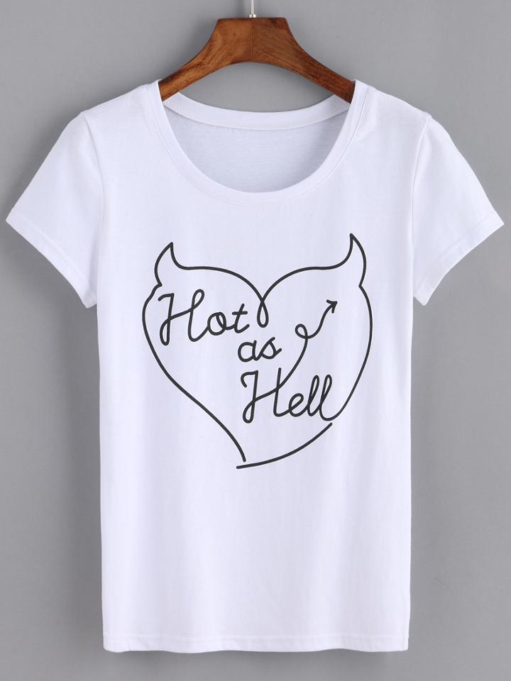Shein White Short Sleeve Letters Heart Print T-shirt
