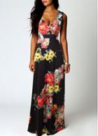 Rosewe V Neck Flower Print Black Maxi Dress