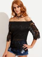 Shein Black Crochet Hollow Out Off The Shoulder Eyelash Lace Blouse