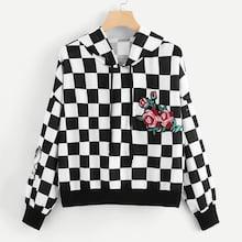 Shein Plus Plaid Drawstring Detail Hooded Sweatshirt